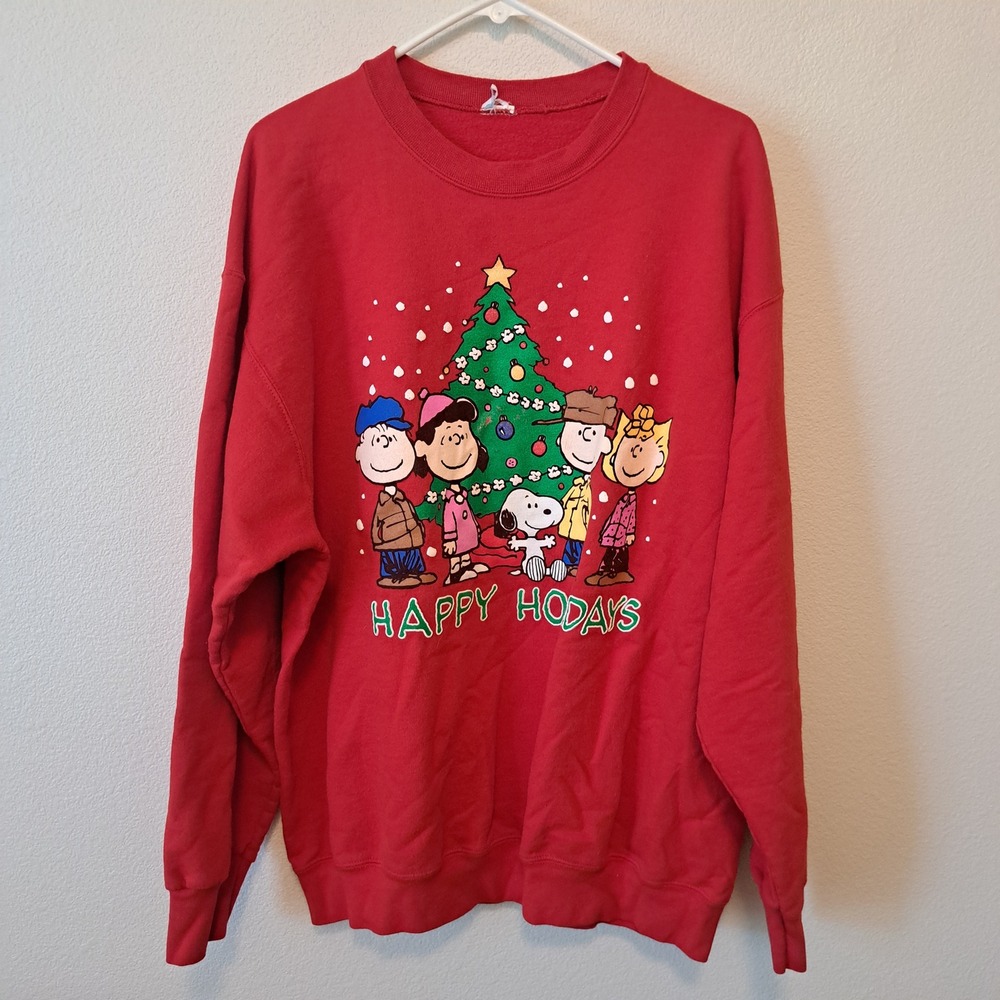 Vintage Peanuts Christmas Sweatshirt Red Snoopy Charlie Brown Happy Holidays